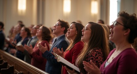Fototapeta premium Group of people singing praise and praying to God in church during Christian worship concert on Easter or Sunday, featuring Praise And Worship and Worship Singing, with Church Concert, for digital use