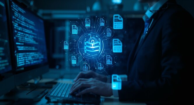 Businessman using computer backup storage data Internet technology backup online documentation database digital file storage system software file access doc sharing, as a contemporary creative concept