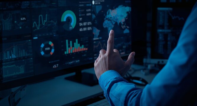 Analyst uses computer and dashboard for comprehensive data business analysis and management system with KPIs connected to databases, featuring Data Analysis and Data Management, with Technology