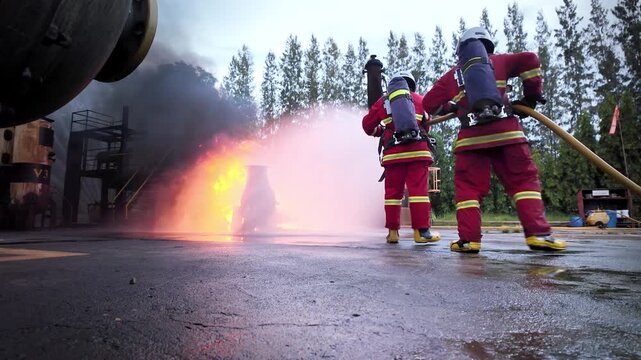 Firefighters use a water hose to suppress an industrial fire during emergency response training in a wet outdoor facility