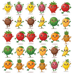 Fototapeta premium Cute Anthropomorphic Fruit Characters Collection with Happy Expressions and Funny Poses for Children Design