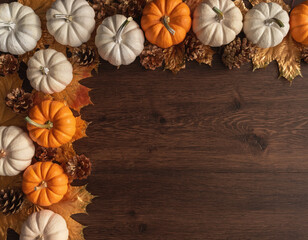 Fototapeta premium Seasonal autumn decorative border featuring small white and orange pumpkins, natural pinecones, and vibrant golden maple leaves artfully arranged on a rich dark wooden surface