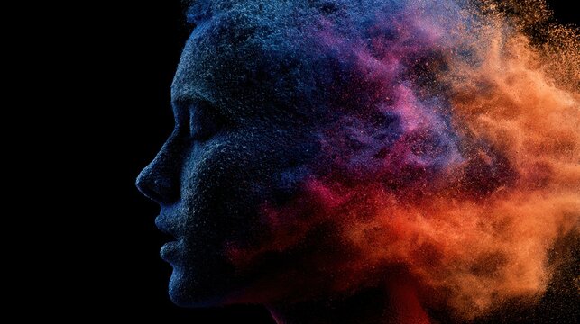 Fragmented Mind, Vibrant Spirit: A profile of a person's head dissolving into a swirling vortex of colorful powder, symbolizing creativity and thought processes.
