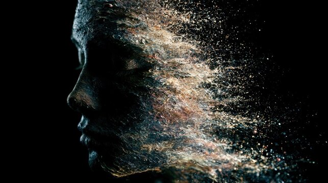 Disintegration of Self: A profile portrait of a person's face dissolving into particles, symbolizing transformation, breakdown, or the ephemeral nature of identity.