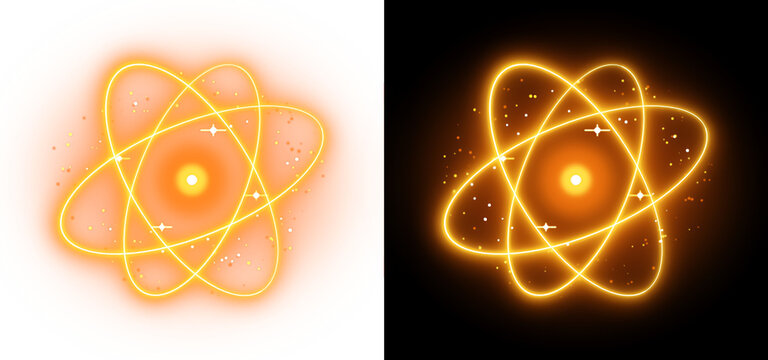 Glowing atomic structure with radiant orbital rings and sparkling particles for scientific visualization and futuristic digital energy concept isolated on a transparent background