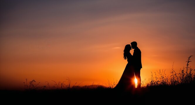 Silhouette of couple in love silhouette during sunset with copy space on left, featuring Sunset Silhouette and Couple Silhouette, with Love Sunset, with detailed modern composition, for commercial use