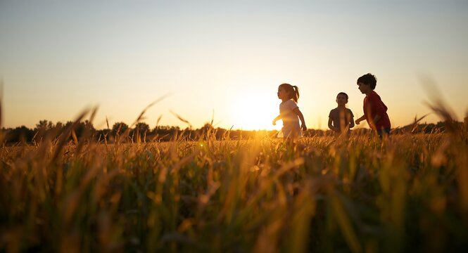 Children playing summer sunset happy time with copy space on left, featuring Outdoors and Evening, with Children Outdoor Sunset, with detailed modern composition, for commercial use, for editorial use