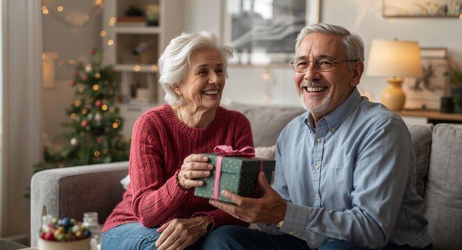 Elderly couple receiving surprise gift box in cozy living room setting celebrating special occasions with copy space on left, featuring "Elderly and Living Space, with Celebration, online use, web use