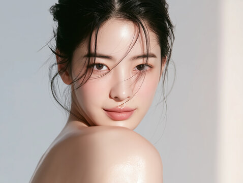 Beautiful Korean female model with clear skin. For skincare, cosmetics, and beauty care advertisements.