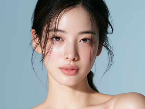 Beautiful Korean female model with clear skin. For skincare, cosmetics, and beauty care advertisements.