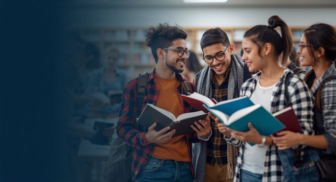 Group of happy students with books talking and preparing for exam in library education with copy space on left, featuring "Group and Education Concept, with Group Education, for social media campaigns