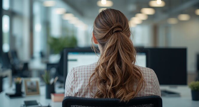 Close up rear view of young business woman working in office ty with copy space on left, featuring "Close-Up and Office Work, with Business Tasks Close-Up, for social media campaigns, for campaign use