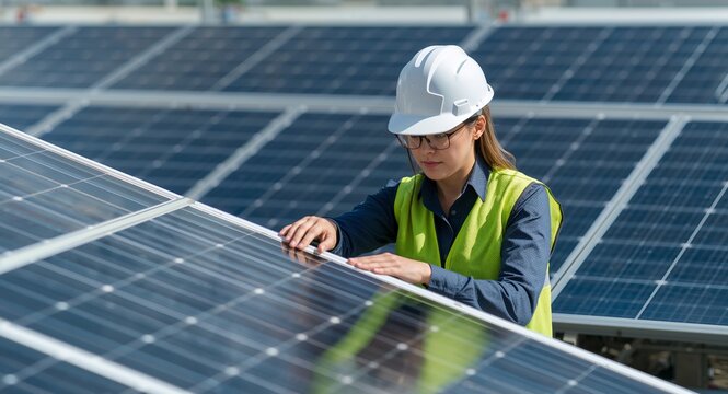 Engineer electric woman checking and maintenance of solar cells with copy space on left, featuring "Engineer and "Electric Engineer Solar Cells, with Solar Maintenance, for editorial and marketing use