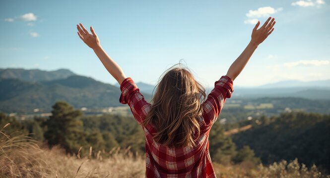 Freedom hipster woman raising hands in the air enjoying nature with copy space on left, featuring "Freedom and Hipster Freedom, with Joy In Nature, with detailed modern composition, for commercial use