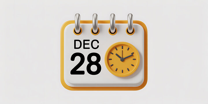 3D Calendar Icon with Yellow Clock Showing December 28 on White Background time date 