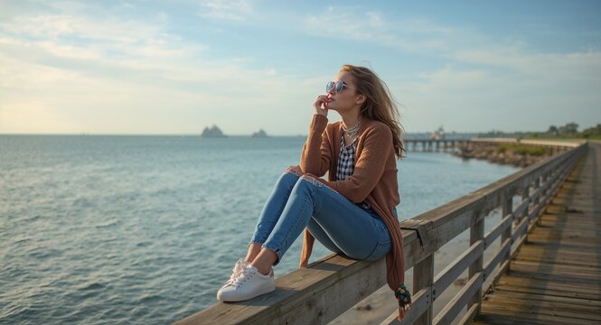 Young hipster woman perched on a pier savoring natural breezes unwinding with scenic vistas and with copy space on left, featuring Nature and Relaxation, with Introspection, for social media campaigns