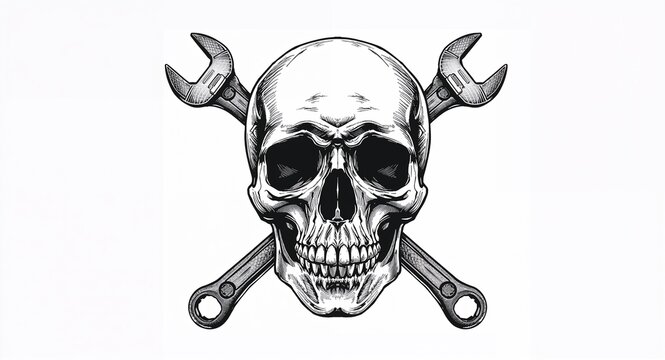 Black and white skull with crossed wrenches behind it with copy space on left, featuring Symbolizing and Strength, with Craftsmanship, with detailed modern composition, for editorial and marketing use
