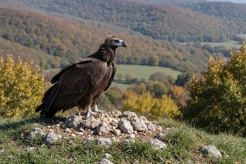 Fototapeta premium Large cinereous vulture perches on rocky ground. Bird of prey with brown plumage looks alertly right. Autumn forest landscape provides backdrop for wild animal in nature.