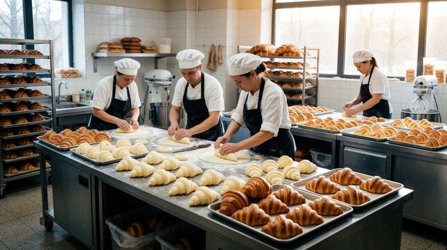 Three pro bakers prepare fresh dough, croissants in commercial bakery kitchen. Team of chefs wearing aprons, white hats work together on stainless steel table. Large trays of baked bread, pastry