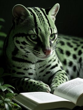 Fantasy green oncilla cat reads open book in dark jungle. Mythical spotted feline rests on mossy ground studying literature. Digital art of magical predator animal enjoying story in forest. Creative
