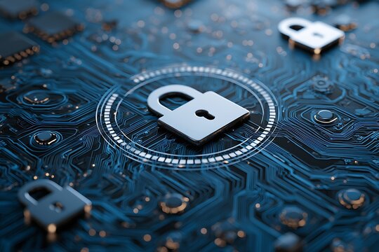Cyber security and protection of private information and data concept. Locks on blue integrated circuit. Firewall from hacker attack.