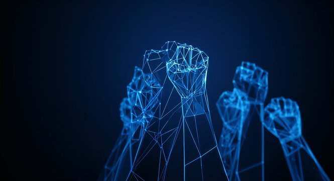 Hands business team raised fist air corporate celebration victory success winning glowing blue low polygon wireframe design connection structure, featuring Business Victory and Team Collaboration
