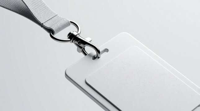 Blank white id card with plastic holder, grey lanyard. Empty identity badge hangs by metal clip on plain light background. Mockup for employee pass, conference name tag, security access card event
