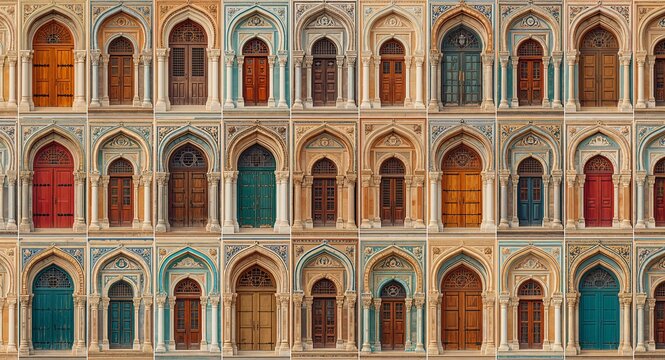 Generate seamless tile patterns with architectural elements from cultural buildings such as windows doors and columns with vibrant colors for contrast, with Seamless Pattern, for promotion, online use