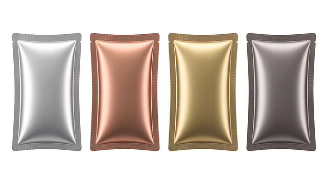 Four Metallic Foil Pouches in Silver Copper Gold and Gray on White  
