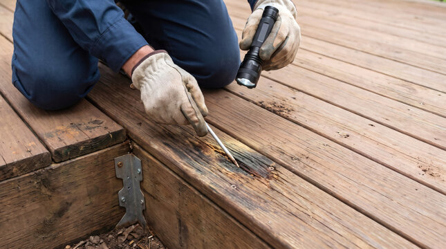 Home inspector examining rotten wood decking board with flashlight and awl probe to evaluate outdoor patio structural rot decay and moisture damage