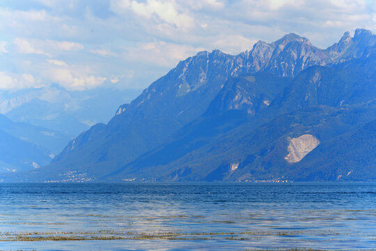 Scenic Swiss Alps Mountains Rising Above Beautiful Lake Geneva in Morges
