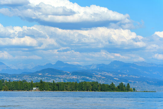 Beautiful Landscape of Lake Geneva Near Morges with Alps Background