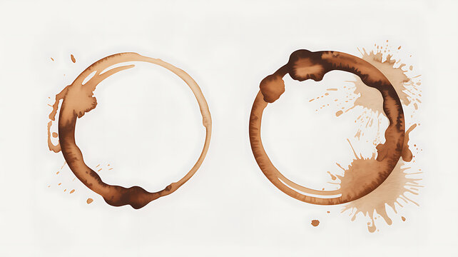 Two coffee cup rings with brown splatters on a light background stains 
