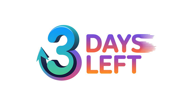 Vibrant 3D number 3 with arrow and text DAYSLEFT on white background Keywords: 3 days
