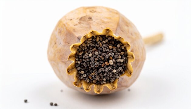 Close up of dried opium poppy seed pod with holes.