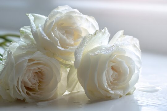 Elegant white roses with delicate petals and water droplets in soft light, creating a serene romantic floral background for wedding, love, beauty and luxury designs