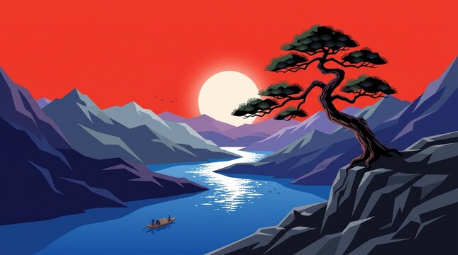 Vintage retro anime landscape vector illustration. Japanese style bonsai tree on cliff, mountain river scenery sunset background.