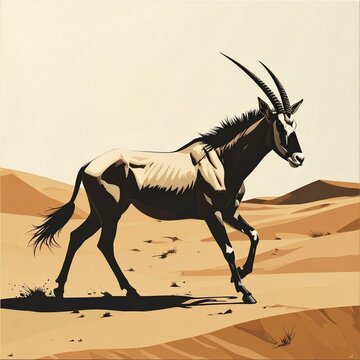 Illustration of a running oryx in a desert landscape.