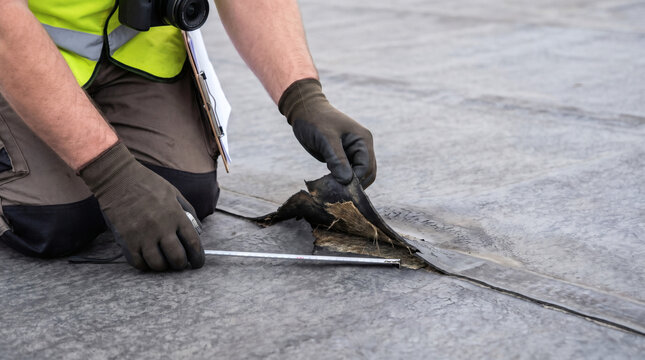 Building inspector checking and measuring damaged flat roof membrane during commercial property inspection for waterproofing repair assessment