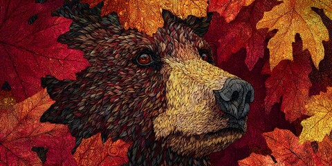 Naklejka premium Grizzled bear portrait emerges from layered autumn leaves.
