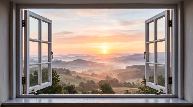 Open window overlooking misty rolling hills at sunrise, peaceful landscape view with warm sun rays breaking through clouds.