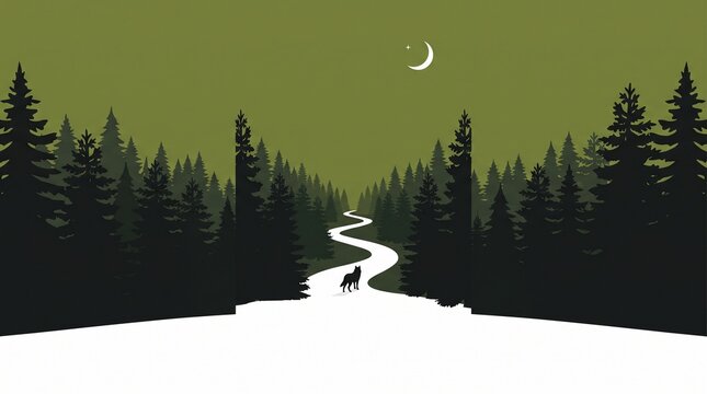 Minimalist winter landscape set. Snowy path through dark pine forest with silhouette of dog walking on road at night under crescent moon. Nighttime nature vector art background with dark green