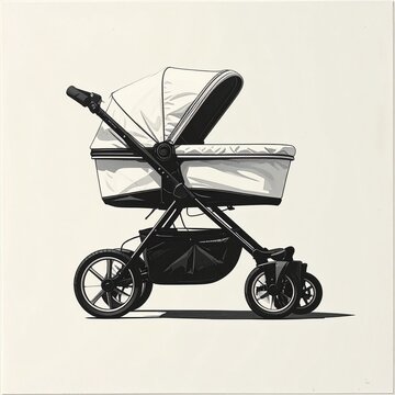 Modern Black Baby Stroller with Large Canopy and Wheels.