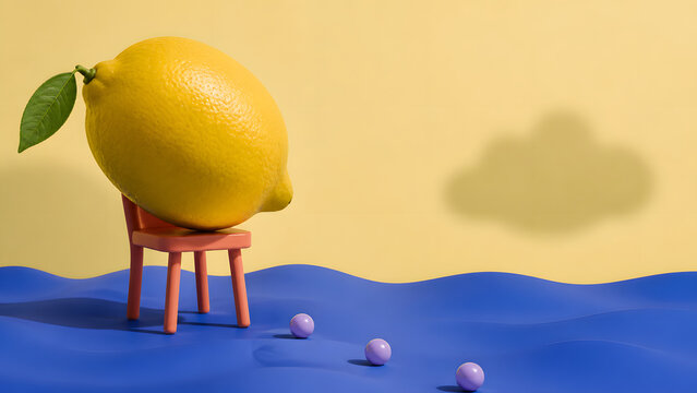 Giant Lemon Balancing on Tiny Coral Chair in Surreal Room