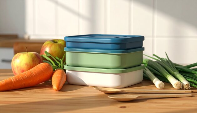 Colorful meal prep containers with fresh vegetables on wooden table.