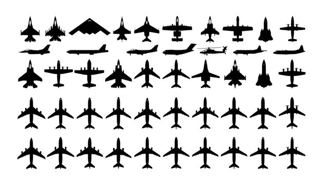 Airplane silhouettes set collection aircraft jet plane passenger military flight vector illustration isolated on white background