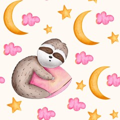 Naklejka premium Watercolor seamless pattern with cute sleeping sloth, pink clouds, stars and crescent moon