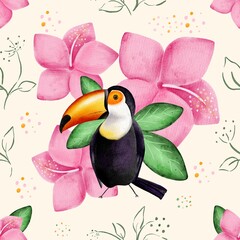 Watercolor seamless pattern with cute toucan bird, tropical pink flowers and green leaves © Anna