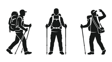 Naklejka premium Group of hikers with walking sticks silhouettes