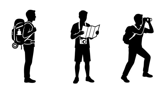 Silhouettes of backpacker map reader and birdwatcher
